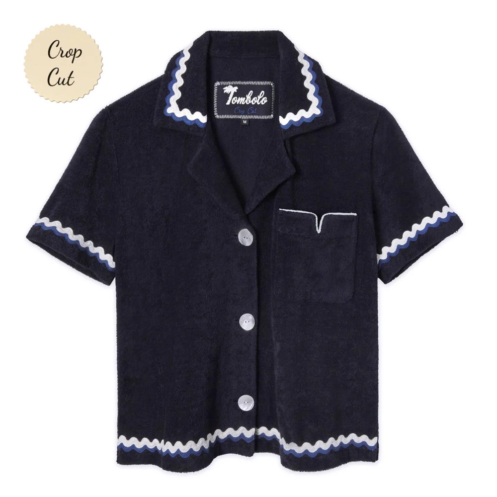Tombolo Rick Rack Cabana Top Midnight Blue White Crop Cut Terry Cloth Shirt XL